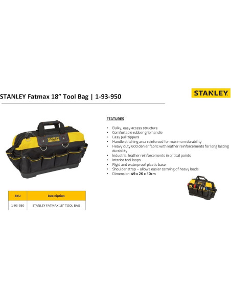 Bolsa de Herramientas Stanley FatMax 46 cm, 600 Denier, Negro/Amarillo Bolsa de Herramientas Stanley FatMax 46 cm, 600 Denier, Negro/Amarillo