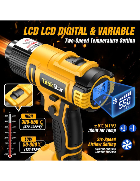 Pistola de Calor Inalámbrica TaskStar 21V 4.0Ah LCD 6 Boquillas Pistola de Calor Inalámbrica TaskStar 21V 4.0Ah LCD 6 Boquillas
