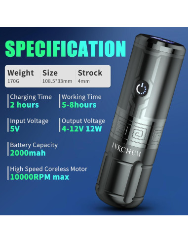 Kit de Máquina de Tatuaje Inalámbrica INKCHUM 2000mAh 12W