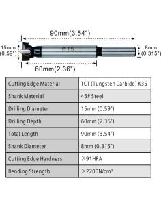 Broca Forstner 15mm STORMCUBE Carburo de Tungsteno 90mm 2