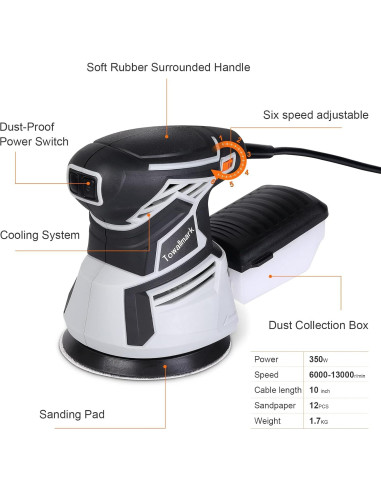 Lijadora Orbital Aleatoria Towallmark 350W 13000RPM 12 Lijas
