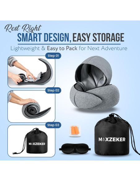 Almohada de viaje Maxzeker - Espuma viscoelástica, gris Almohada de viaje Maxzeker - Espuma viscoelástica, gris