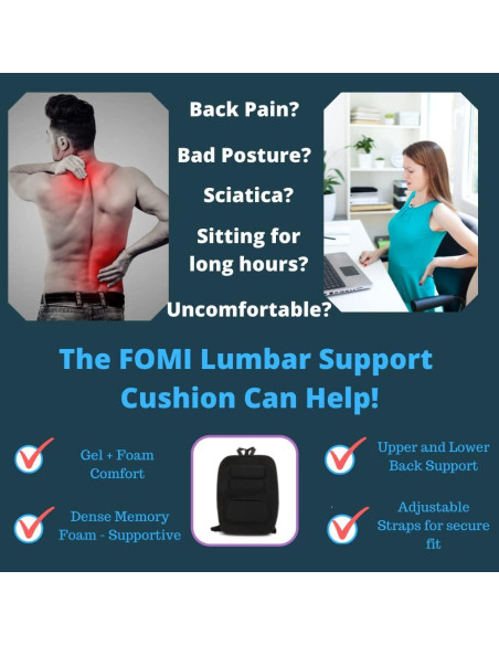 Cojín Lumbar Ortopédico FOMI Ajustable | Espuma Viscoelástica y Gel | Alivio Dolor Espalda y Ciática | 48x43 cm Cojín Lumbar Ortopédico FOMI Ajustable | Espuma Viscoelástica y Gel | Alivio Dolor Espalda y Ciática | 48x43 cm