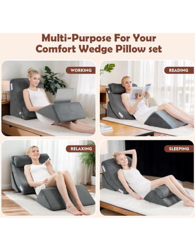 Juego de 4 almohadas en cuña Famecomfy ortopédicas gris