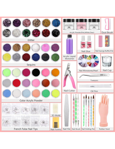 Kit de Uñas Acrílicas DE con Mano de Práctica y Accesorios