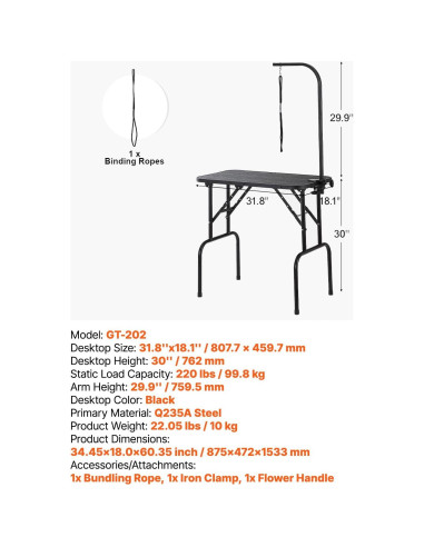 Mesa de Acicalamiento VEVOR 81x46 cm Plegable con Brazo Ajustable