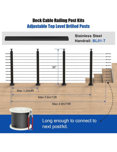 Kit de Barandilla de Cable BLIKA 4 Postes Ajustables Negro 0.89m
