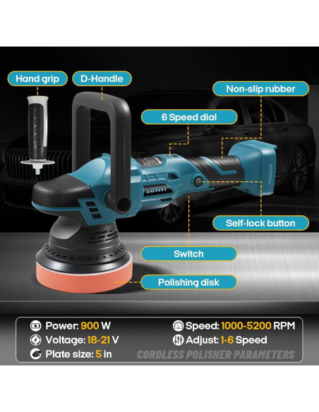Pulidora Inalámbrica ZUYIYI 5" 900W para Detallado de Autos Pulidora Inalámbrica ZUYIYI 5" 900W para Detallado de Autos