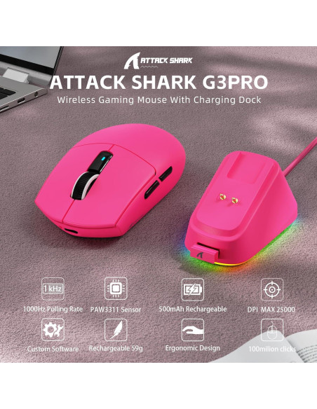 RATÓN GAMING INALÁMBRICO ATTACK SHARK G3 PRO RGB 25K DPI RATÓN GAMING INALÁMBRICO ATTACK SHARK G3 PRO RGB 25K DPI