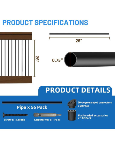 Paquete de 56 Balustres de Aluminio 66 cm Zonegrace para Barandilla