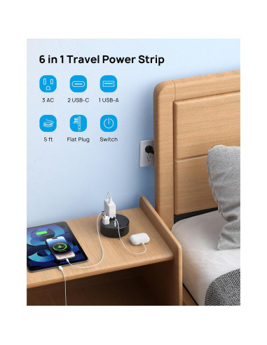 Enchufe de Extensión Retráctil TROND 5ft 6 en 1 USB C Negro