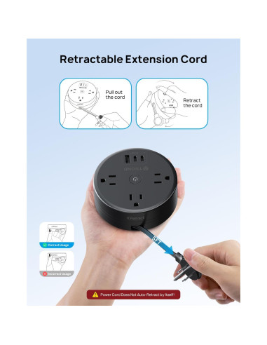 Enchufe de Extensión Retráctil TROND 5ft 6 en 1 USB C Negro