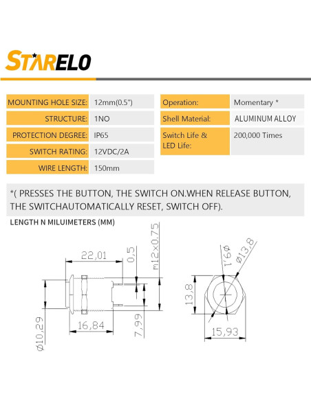 Interruptor de Botón Momentáneo STARELO 12mm IP65 5pcs Interruptor de Botón Momentáneo STARELO 12mm IP65 5pcs