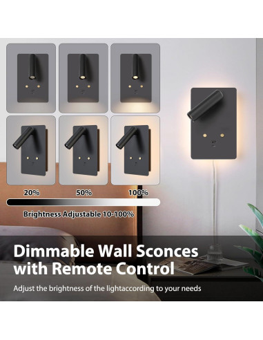 Luz de Lectura Montada en Pared ZEROUNO LED con USB Negro