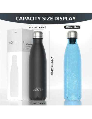 Botella de Agua Aislada WATERSY 500ml Acero Inoxidable Negra