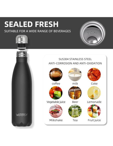 Botella de Agua Aislada WATERSY 500ml Acero Inoxidable Negra