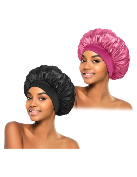 2 Bonetes de Seda ZHENSILK para Dormir - Gorro de Satén Rosa y Negro 2 Bonetes de Seda ZHENSILK para Dormir - Gorro de Satén Rosa y Negro