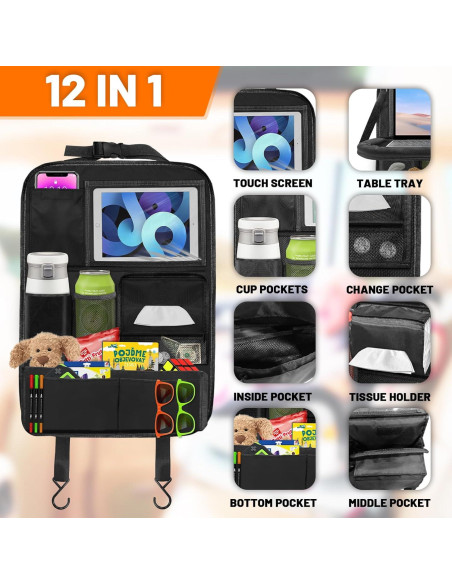 Organizador de Asiento Trasero Duwai 2 Paquetes Negro 12 Bolsillos Organizador de Asiento Trasero Duwai 2 Paquetes Negro 12 Bolsillos