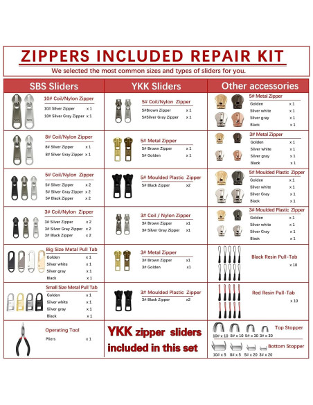 Kit de Reparación de Cremallera VICHERIA 200 Pcs - Deslizadores YKK y Universales Kit de Reparación de Cremallera VICHERIA 200 Pcs - Deslizadores YKK y Universales