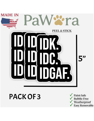 Paquete de 3 Calcomanías Divertidas IDK IDC IDGAF - Vinilo Impermeable