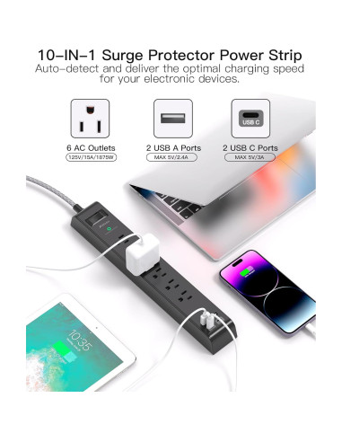 Protector de Sobretensión MIFASOPOWER 6 Salidas 4 USB 1.52m