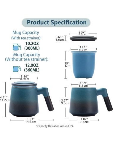 Taza de Té ZENS con Infusor y Tapa, 340g Cerámica Azul