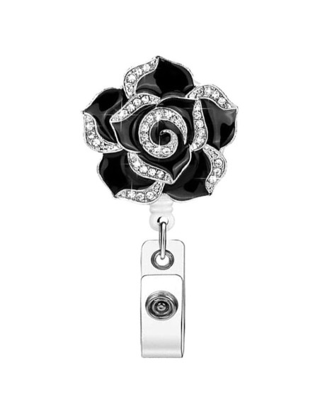 Portatarjetas Retráctil Sluswallow Negro con Flor Rosa Brillante Portatarjetas Retráctil Sluswallow Negro con Flor Rosa Brillante