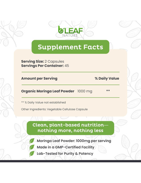 Cápsulas de Moringa Orgánica B'LEAF NATURE 1000mg - 90 Unidades Cápsulas de Moringa Orgánica B'LEAF NATURE 1000mg - 90 Unidades