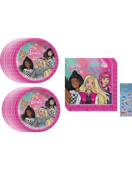 Suministros Fiesta Cumpleaños Barbie - 16 Platos, 16 Servilletas, Stickers Suministros Fiesta Cumpleaños Barbie - 16 Platos, 16 Servilletas, Stickers