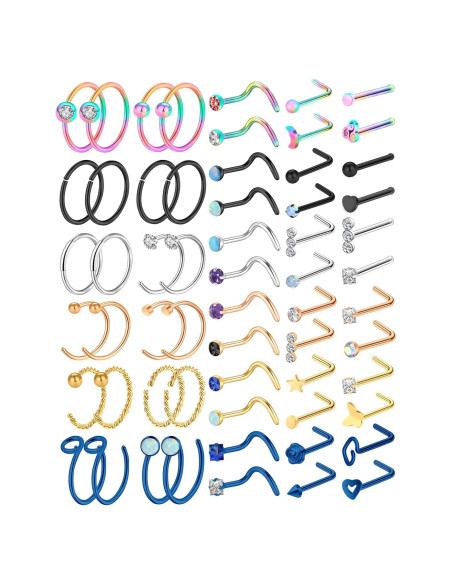 Hicdaw 60 Pcs Aros Nasales Acero Quirúrgico 20G Oro Hicdaw 60 Pcs Aros Nasales Acero Quirúrgico 20G Oro