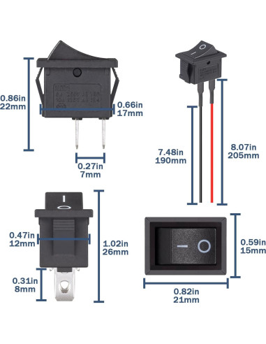 Interruptor Rocker VEXUNGA 12V 2 Pines SPST Negro 10A 5 Pcs