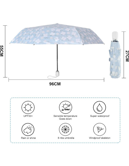 Paraguas Cuby UV Plegable Automático 96 cm Impermeable Jazmín Azul Paraguas Cuby UV Plegable Automático 96 cm Impermeable Jazmín Azul