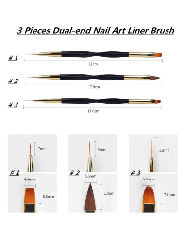 Set de 3 Pinceles de Arte de Uñas Doble Extremo FULINJOY