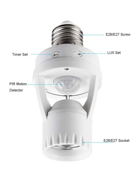 Adaptador de bombilla E26 con sensor de movimiento LPHUMEX Adaptador de bombilla E26 con sensor de movimiento LPHUMEX