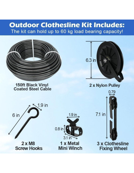 Kit de Tendedero Exterior Fshihine 150 pies Acero Galvanizado Kit de Tendedero Exterior Fshihine 150 pies Acero Galvanizado