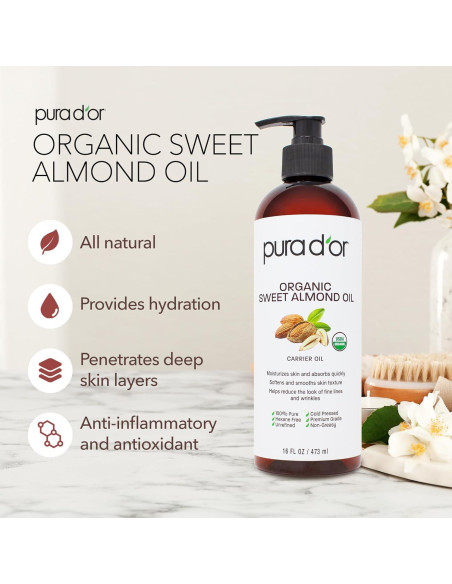 Aceite de Almendra Dulce Orgánico PURA D'OR 473ml - Hidratante No Graso Aceite de Almendra Dulce Orgánico PURA D'OR 473ml - Hidratante No Graso