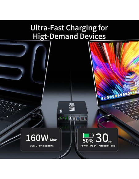 Cargador USB C 880W 8 Puertos GaN Rápido para Laptop y Móvil Cargador USB C 880W 8 Puertos GaN Rápido para Laptop y Móvil
