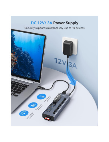 Hub USB 3.0 Alimentado Wenter 10 Puertos con Lectores SD/TF