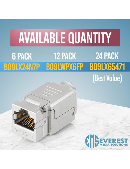 Conectores RJ45 Keystone Blindados Everest - Paquete de 6 - 90 Grados, F/STP, CAT5e, CAT6, CAT6A, CAT7, hasta 10GB Conectores RJ45 Keystone Blindados Everest - Paquete de 6 - 90 Grados, F/STP, CAT5e, CAT6, CAT6A, CAT7, hasta 10GB