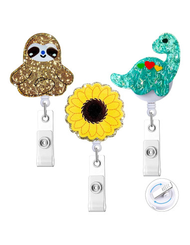 Paquete de 3 Portatarjetas Retráctiles HASFINE - Girasol, Dinosaurio y Perezoso