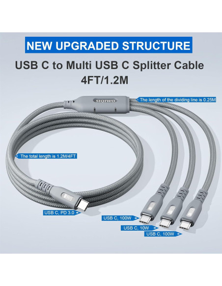 Cable USB C 100W SIQIWO 1.2M 3 en 1 Carga Rápida Cable USB C 100W SIQIWO 1.2M 3 en 1 Carga Rápida