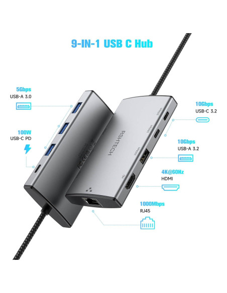 Adaptador Multiport USB C 9 en 1 RSHTECH HDMI 4K 100W Adaptador Multiport USB C 9 en 1 RSHTECH HDMI 4K 100W
