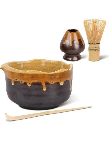 Juego de Matcha Hecho a Mano Roperu - Cerámica y Bambú 4 Piezas