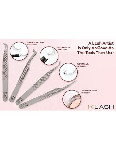 Pinzas para Extensiones de Pestañas M LASH - Acero Japonés, Juego de 4