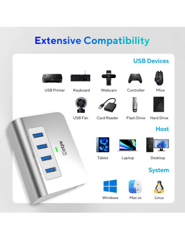 Hub USB 3.0 4 Puertos Aluminio Intpw 5Gbps para Laptop