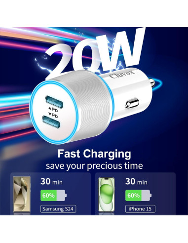 Cargador de Coche USB C Rápido 40W Cluvox Doble Puerto 20W