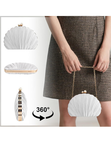 Bolso de Noche Mini Plisado Concha Plata para Mujeres 27x7x17cm