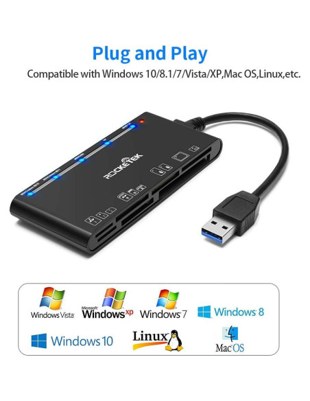 Lector de Tarjetas 7 en 1 Rocketek USB 3.0 5Gbps para SD CF Lector de Tarjetas 7 en 1 Rocketek USB 3.0 5Gbps para SD CF