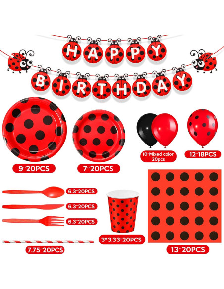 Conjunto de Decoraciones de Cumpleaños Mariquita 200 Pcs Conjunto de Decoraciones de Cumpleaños Mariquita 200 Pcs