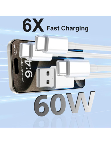 Cable de carga USB C Cabepow 60W 4-Pack 3FT y 6FT Blanco